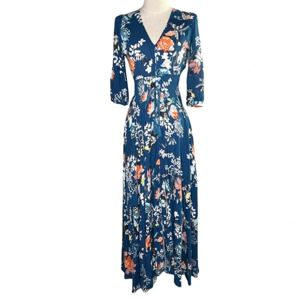 Jade Mia Maxi Women’s In Miak Print Smock Waist 3/4 Sleeve Multicolor Dress XS - Picture 3 of 9